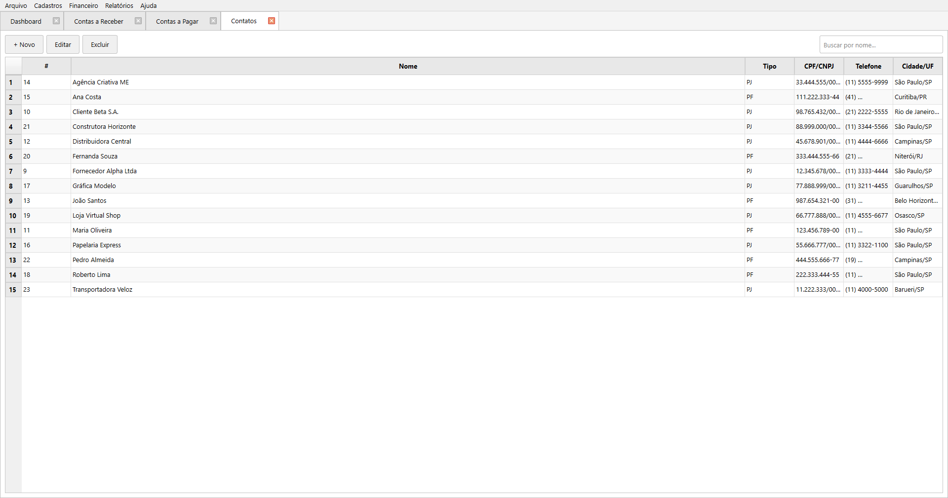 Cadastro de Contatos - clientes e fornecedores com CPF/CNPJ e telefone