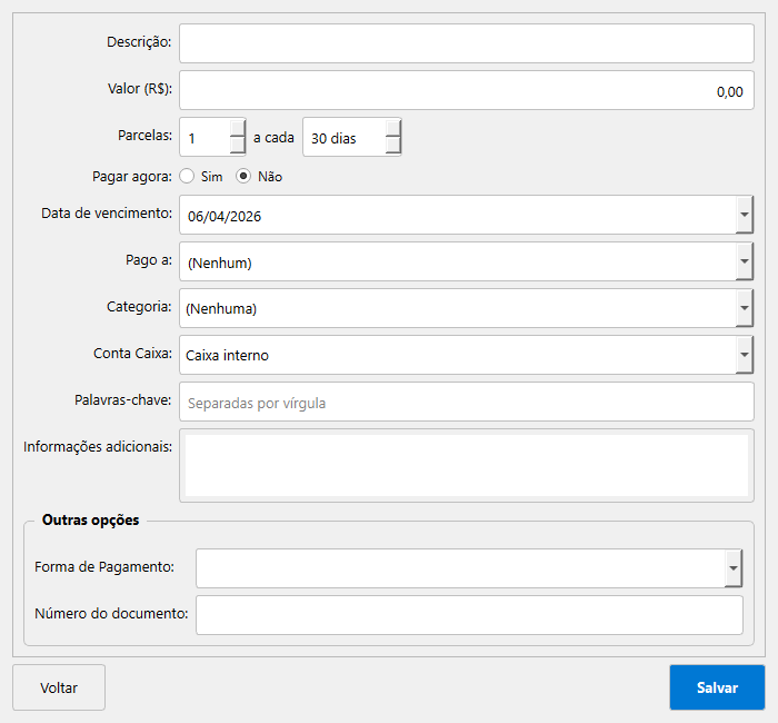 Formulário de Conta a Pagar - cadastro com parcelas, categoria e conta caixa