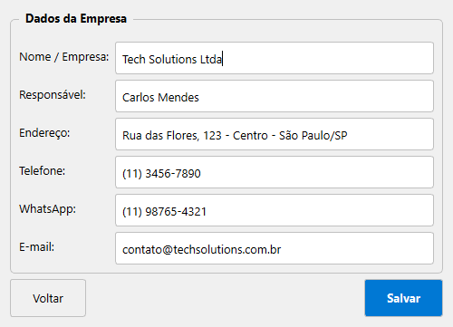 Dados da Empresa - cadastro com nome, responsável, endereço e contato